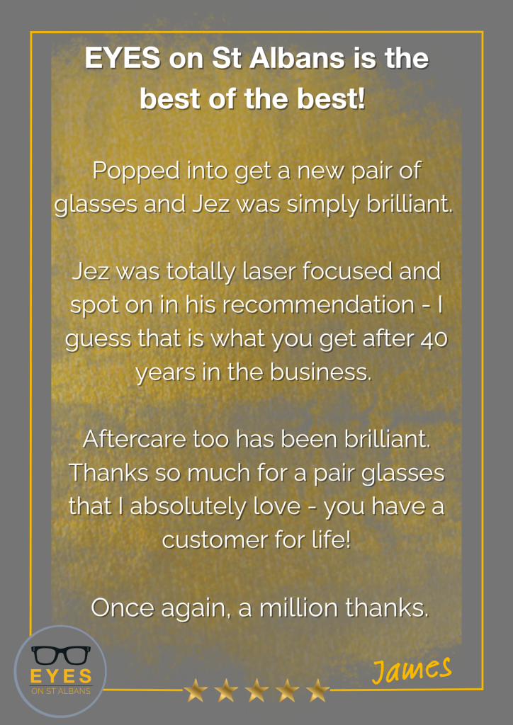 5 star google review saying how wonderful EYES on St Albans is, next to a form to fill in to request an appointment