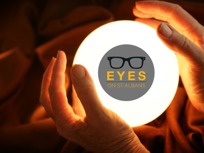 EYES on the future - EYES on St Albans logo superimposed onto a a crystal ball