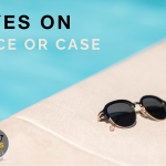 Face or case - top advice from EYES on St Albans for holiday glasses care. A pair of sunglasses on the side of a swimming pool with the text "EYES on Face or Case"