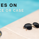 Face or case - top advice from EYES on St Albans for holiday glasses care. A pair of sunglasses on the side of a swimming pool with the text "EYES on Face or Case"