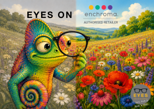 EnChroma glasses St Albans, Illustrated chameleon discovering brighter colours with EnChroma glasses during the summer, promoting colour vision consultations at EYES on St Albans.