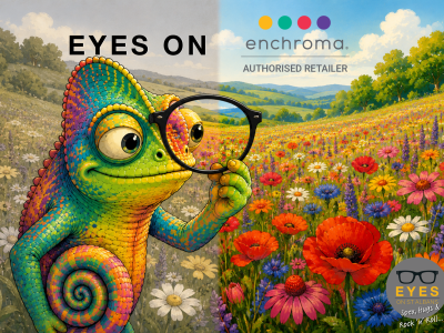 EnChroma glasses St Albans, Illustrated chameleon discovering brighter colours with EnChroma glasses during the summer, promoting colour vision consultations at EYES on St Albans.