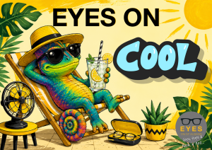 Illustrated chameleon keeping cool in the summer sunshine, promoting eye care advice from EYES on St Albans. Summer eye care