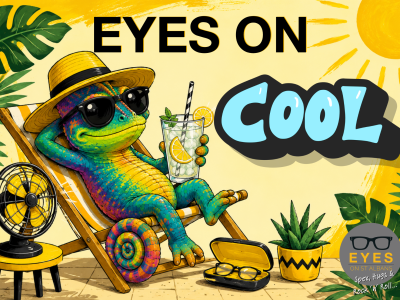 Illustrated chameleon keeping cool in the summer sunshine, promoting eye care advice from EYES on St Albans. Summer eye care